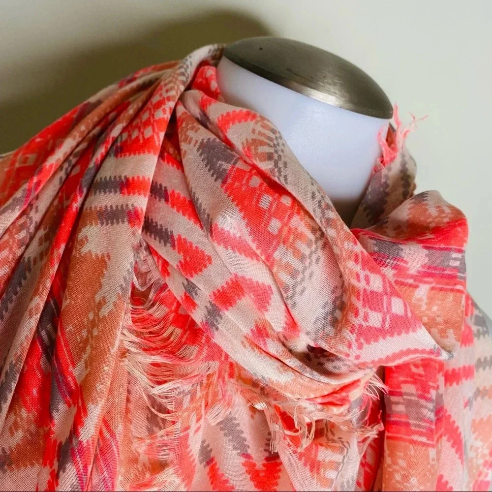 Coral Pink Gray Lightweight Southwestern Printed Fringe Neck Scarf